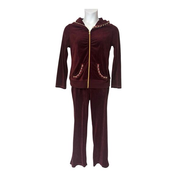 Monroe & Main Velour Tracksuit Burgundy Chain Trim Zipper Jacket Active Pant Set - Picture 4 of 16